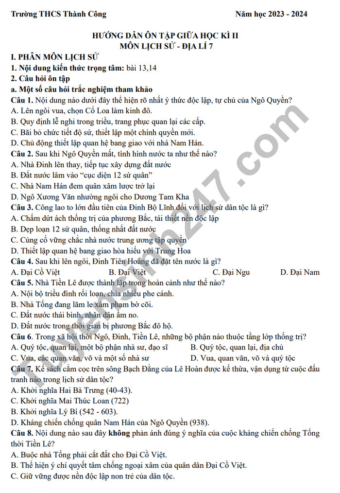 De cuong on tap giua ki 2 nam 2024 mon Su - Dia lop 7 - THCS Thanh Cong