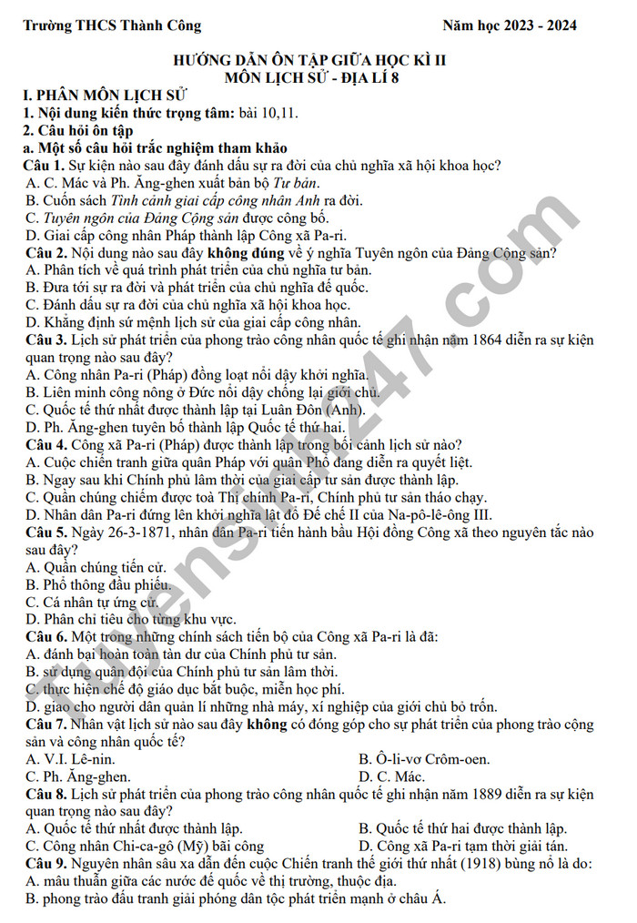De cuong on tap giua ki 2 mon Su - Dia lop 8 - THCS Thanh Cong 2024