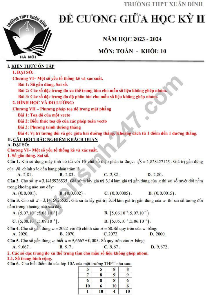 De cuong on tap giua ki 2 mon Toan lop 10 - THPT Xuan Dinh 2024