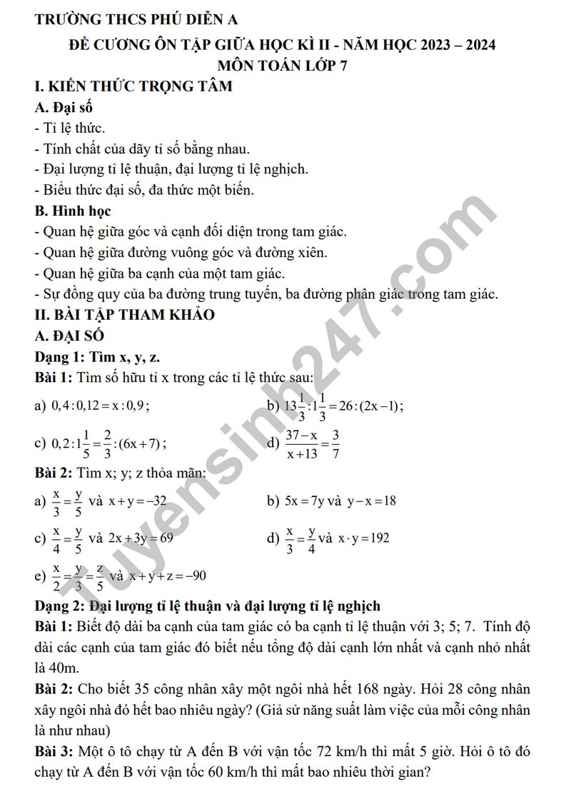 De cuong on tap giua ki 2 nam 2024 mon Toan lop 7 - THCS Phu Dien A