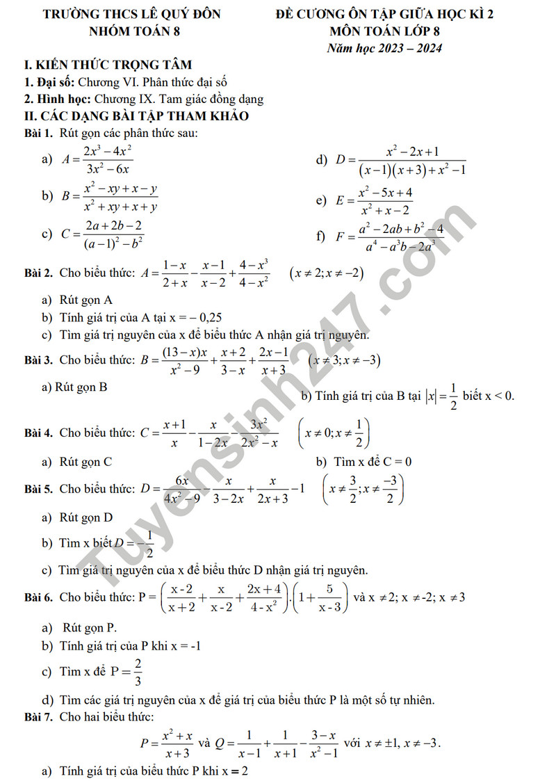 De cuong on tap giua ki 2 mon Toan lop 8 nam 2024 - THCS Le Quy Don