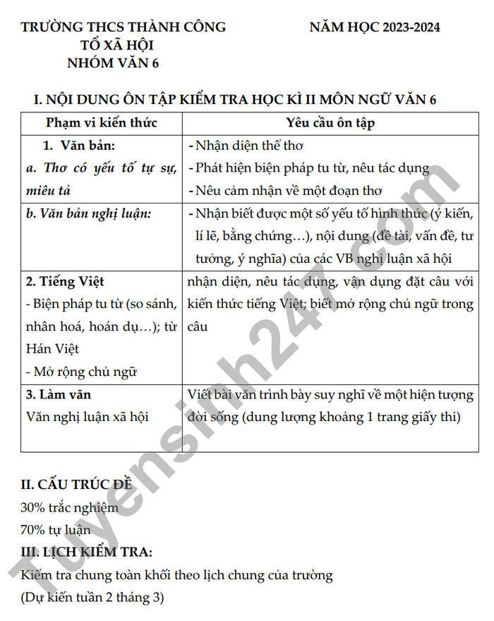 De cuong on tap giua ki 2 nam 2024 mon Van lop 6 - THCS Thanh Cong