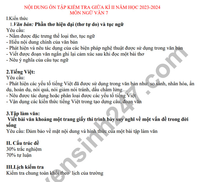De cuong on tap giua ki 2 mon Van lop 7 - THCS Thanh Cong 2024
