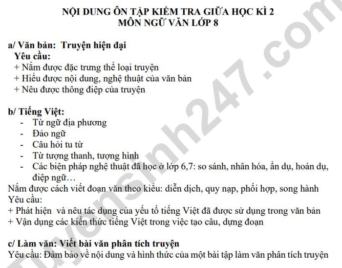 De cuong on tap giua ki 2 mon Van lop 8 - THCS Thanh Cong 2024