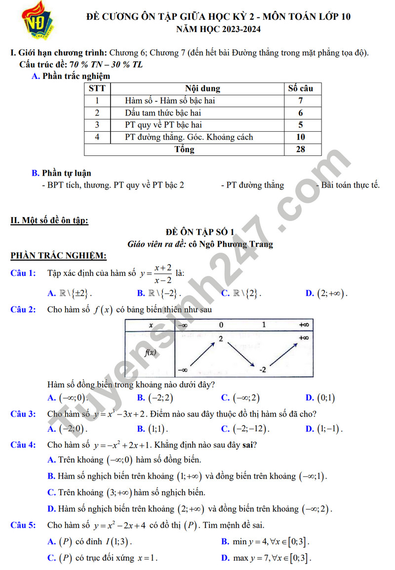 De cuong on tap giua ki 2 mon Toan lop 10 - THPT Viet Duc 2024