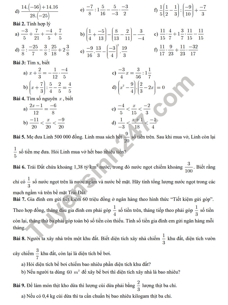 De cuong on tap giua ki 2 mon Toan lop 6 - THCS Yen Hoa 2024