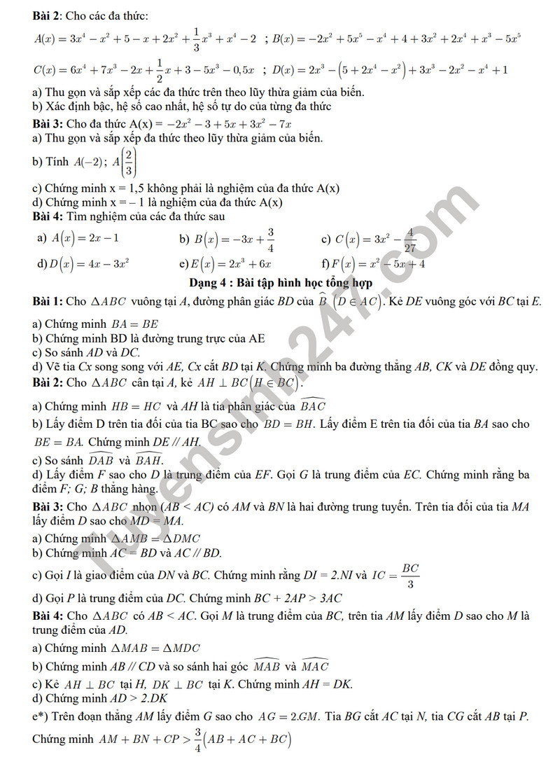 De cuong on tap giua ki 2 mon Toan lop 7 nam 2024 - THCS Yen Hoa