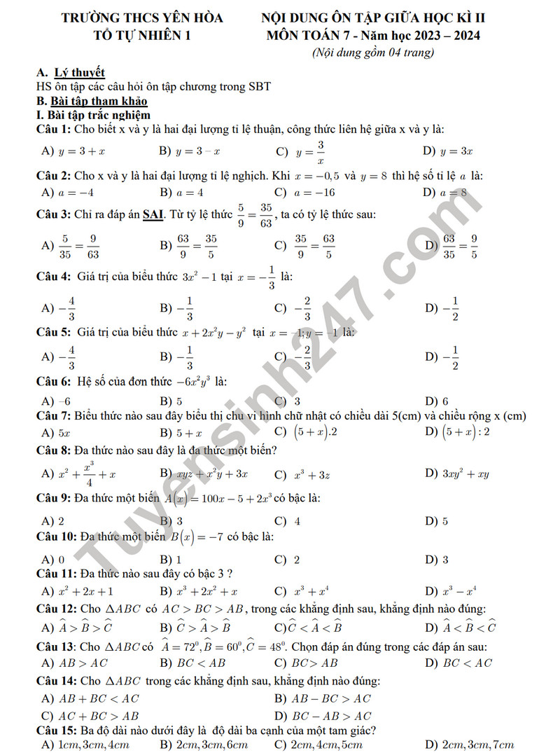 De cuong on tap giua ki 2 mon Toan lop 7 nam 2024 - THCS Yen Hoa
