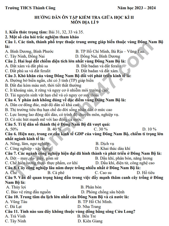 De cuong on tap giua ki 2 mon Dia lop 9 - THCS Thanh Cong 2024