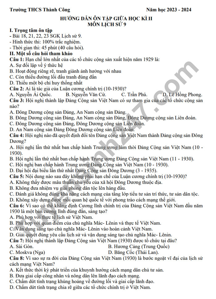 De cuong on tap giua ki 2 mon Su lop 9 - THCS Thanh Cong 2024