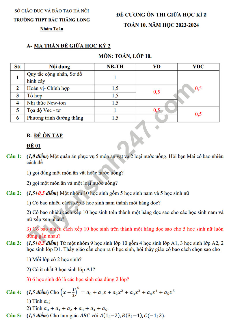 De cuong on tap giua ki 2 nam 2024 mon Toan lop 10 - THCS Bac Thang Long