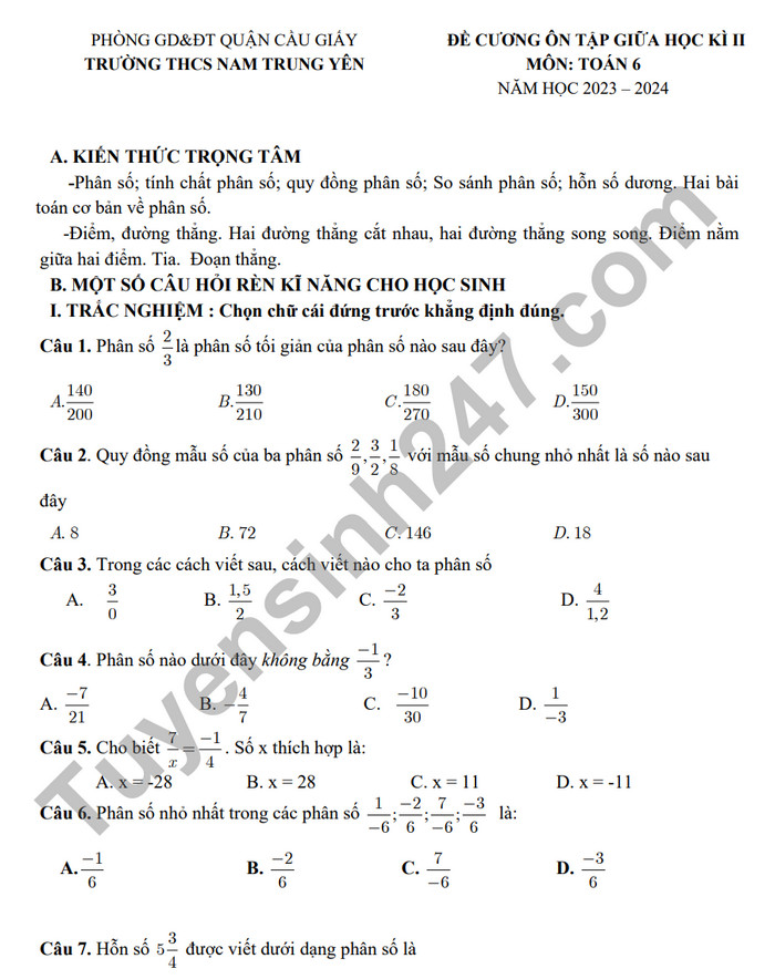 De cuong on tap giua ki 2 mon Toan lop 6 - THCS Nam Trung Yen 2024