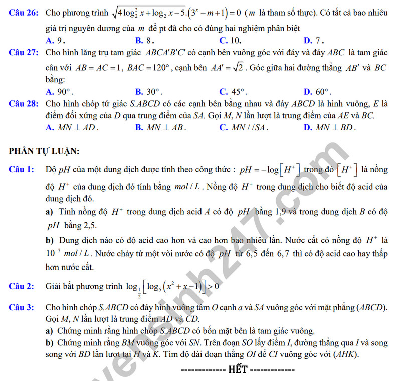 De cuong on tap giua ki 2 mon Toan lop 11 nam 2024 - THPT Viet Duc