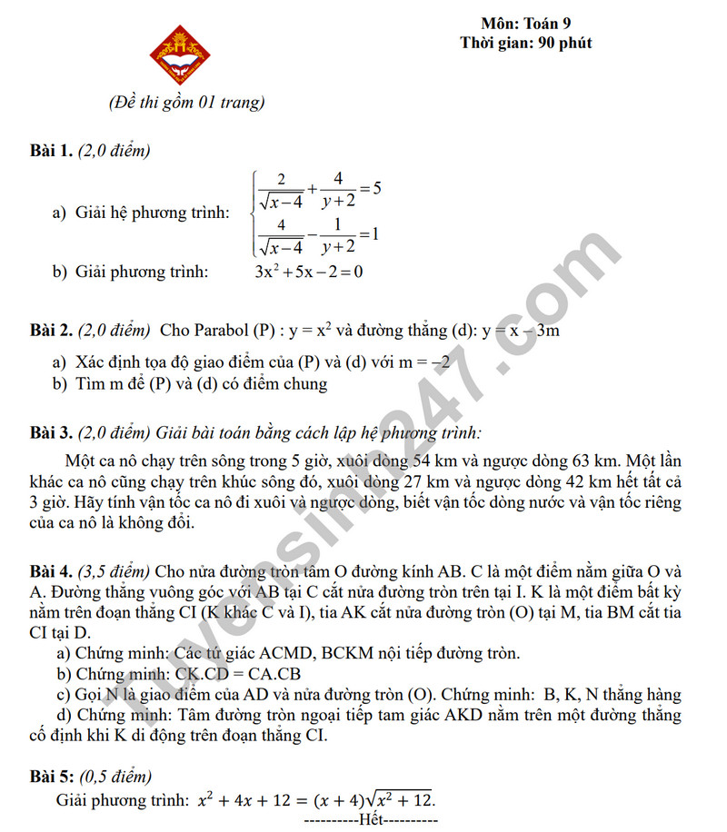 De cuong on tap giua ki 2 mon Toan lop 9 - THCS Thang Long 2024