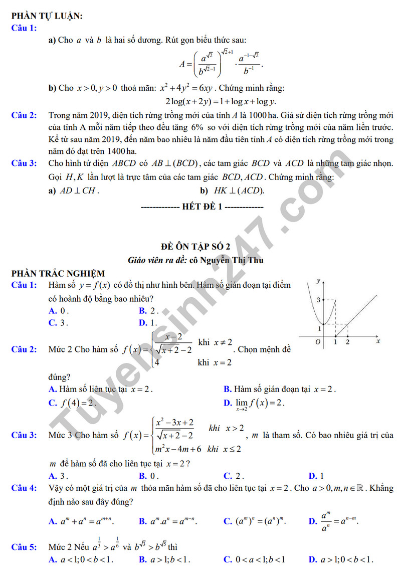 De cuong on tap giua ki 2 mon Toan lop 11 nam 2024 - THPT Viet Duc