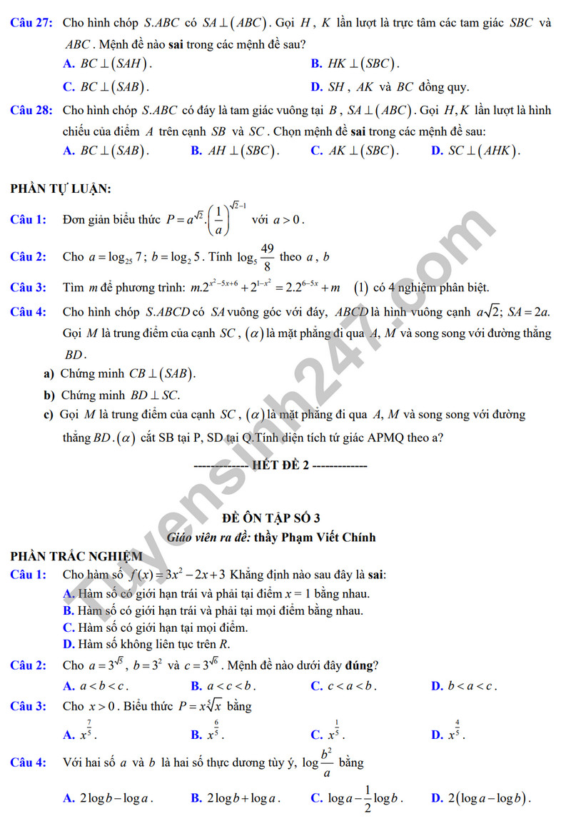 De cuong on tap giua ki 2 mon Toan lop 11 nam 2024 - THPT Viet Duc