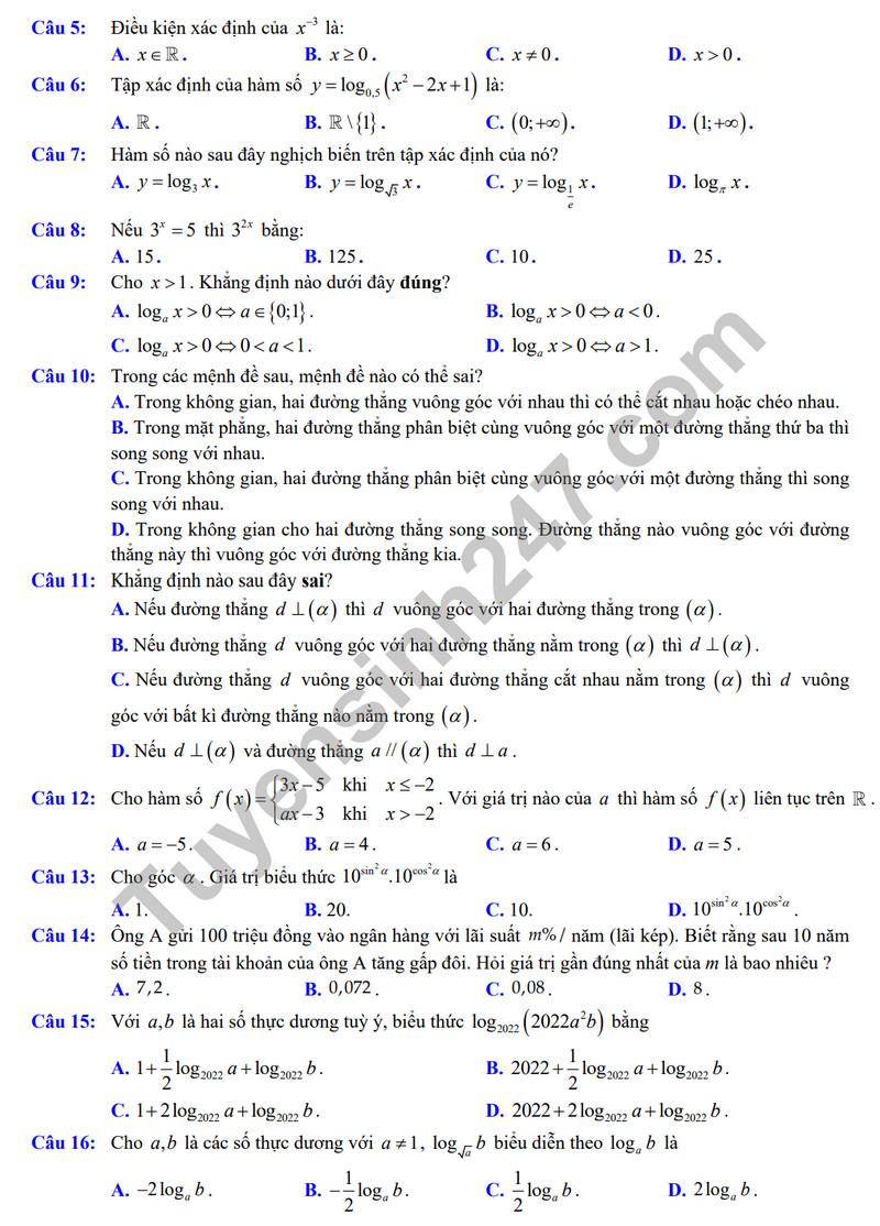 De cuong on tap giua ki 2 mon Toan lop 11 nam 2024 - THPT Viet Duc