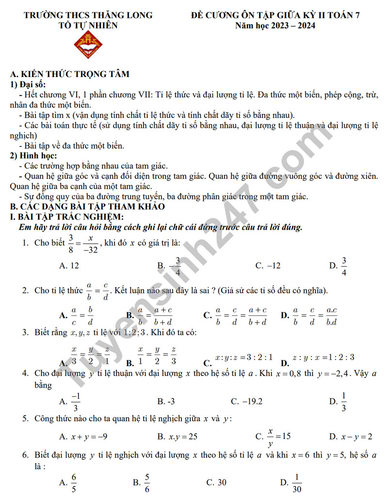 De cuong on tap giua ki 2 nam 2024 mon Toan lop 7 - THCS Thang Long