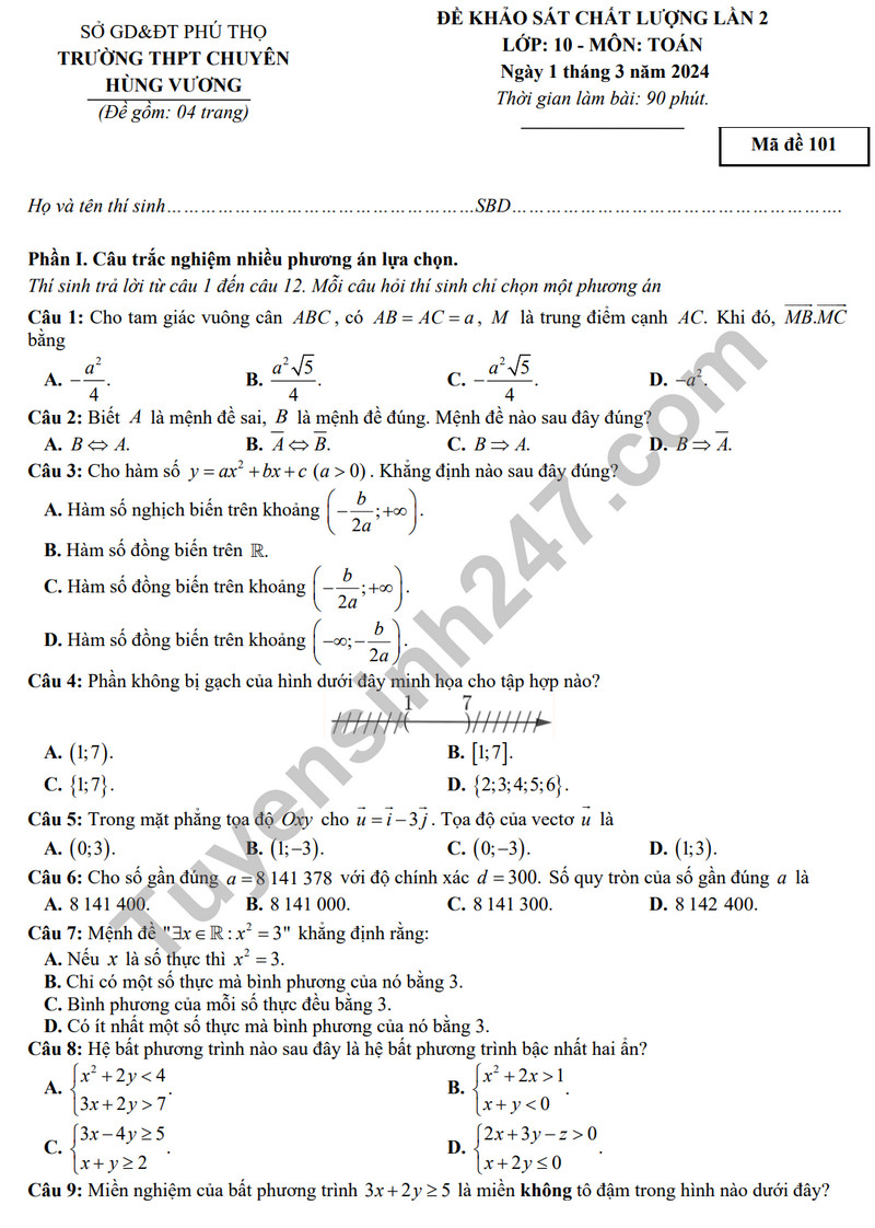 De khao sat chat luong lan 2 mon Toan lop 10 - THPT chuyen Hung Vuong (Co dap an)