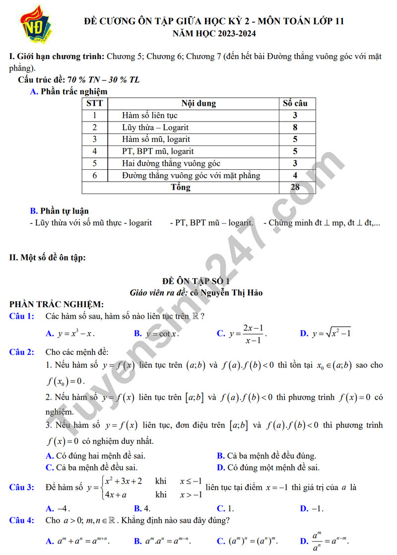 De cuong on tap giua ki 2 mon Toan lop 11 nam 2024 - THPT Viet Duc