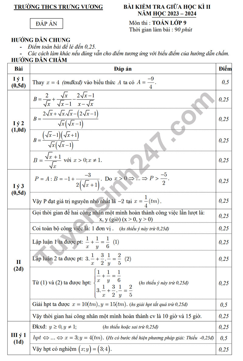 De thi giua ki 2 mon Toan lop 9 nam 2024 - THCS Trung Vuong (Co dap an)