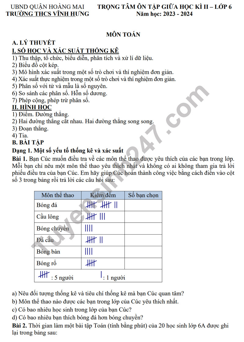 De cuong on tap giua ki 2 mon Toan lop 6 - THCS Vinh Hung 2024