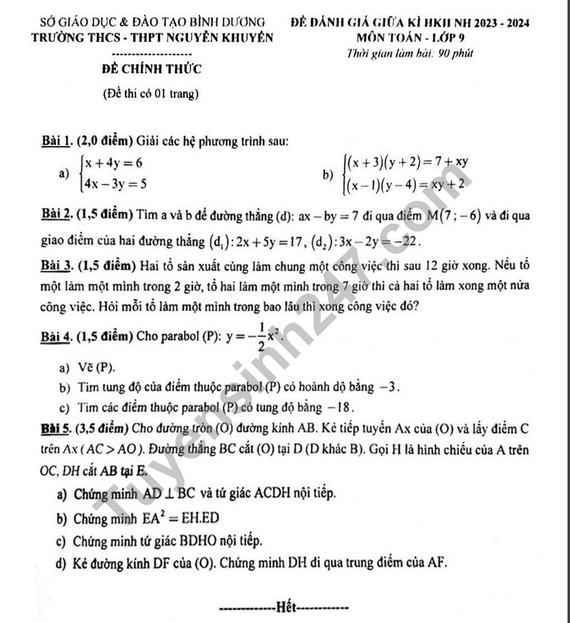 De thi giua ki 2 mon Toan lop 9 - THCS&THPT Nguyen Khuyen 2024