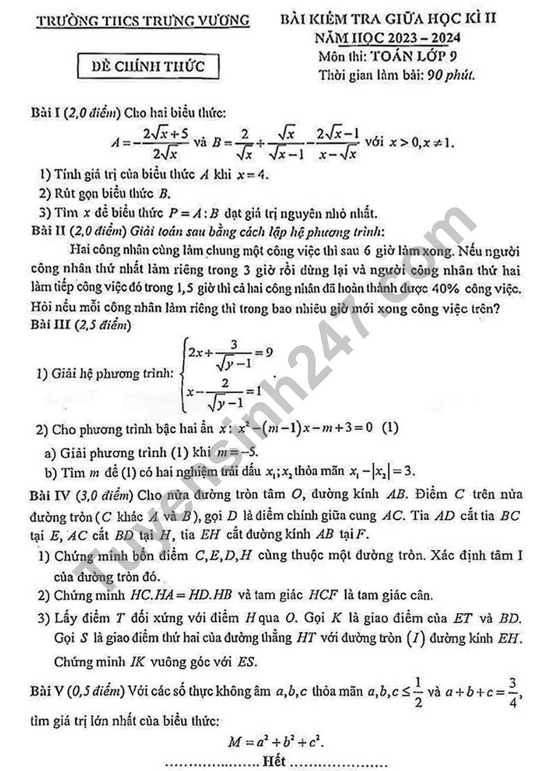 De thi giua ki 2 mon Toan lop 9 nam 2024 - THCS Trung Vuong (Co dap an)