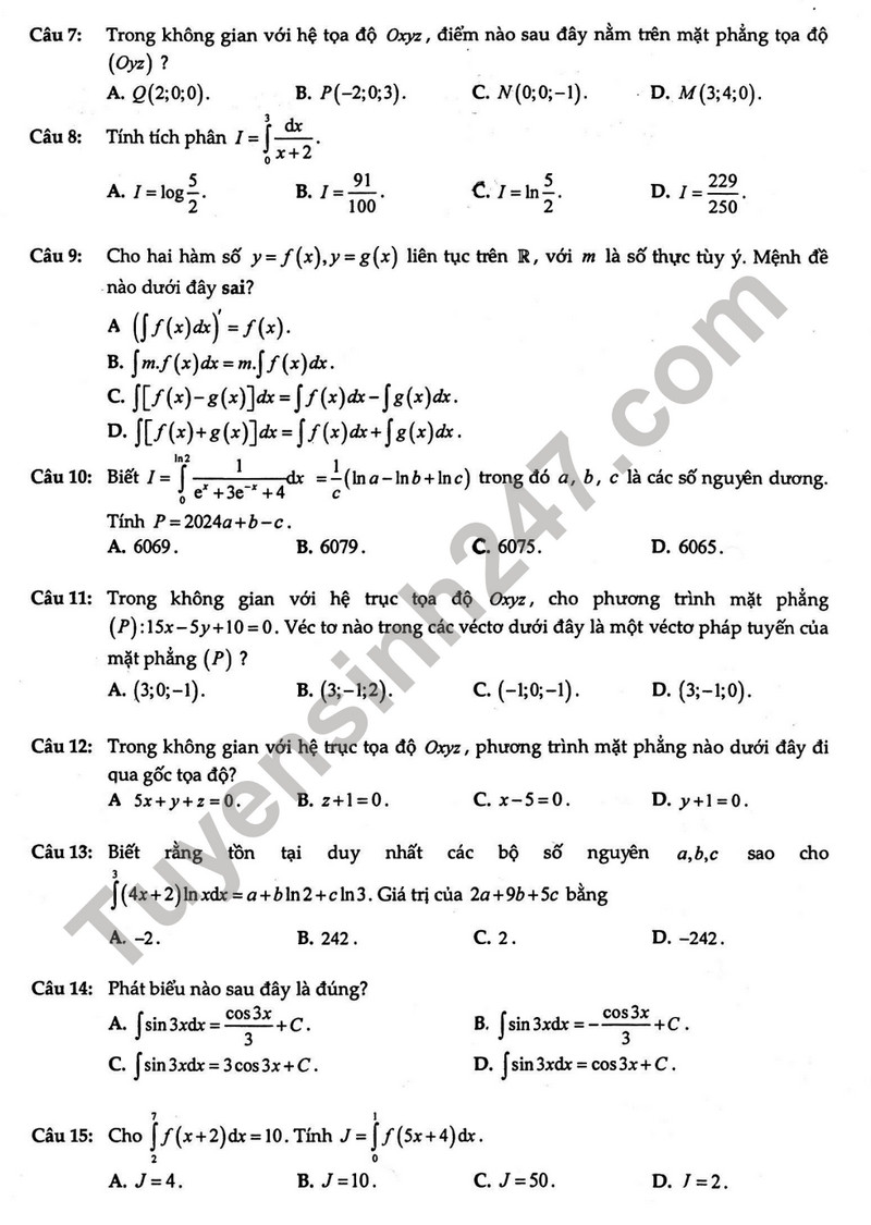 De thi giua ki 2 mon Toan lop 12 - THPT Tay Thanh 2024