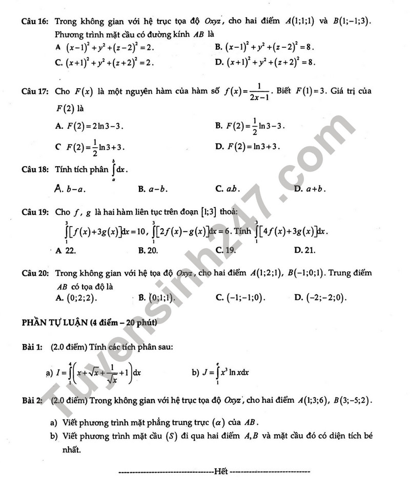 De thi giua ki 2 mon Toan lop 12 - THPT Tay Thanh 2024