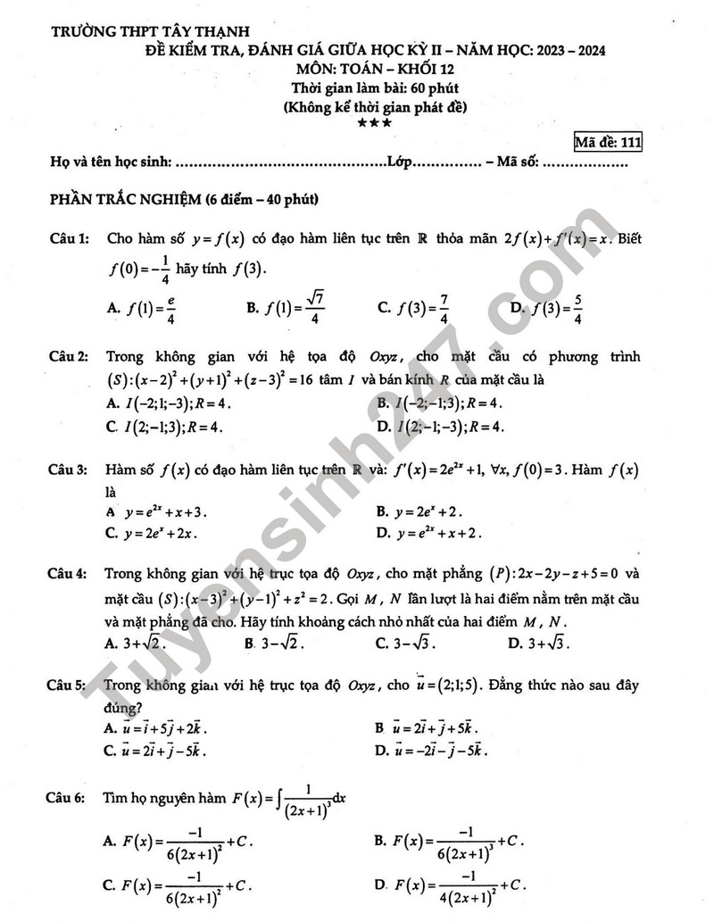 De thi giua ki 2 mon Toan lop 12 - THPT Tay Thanh 2024