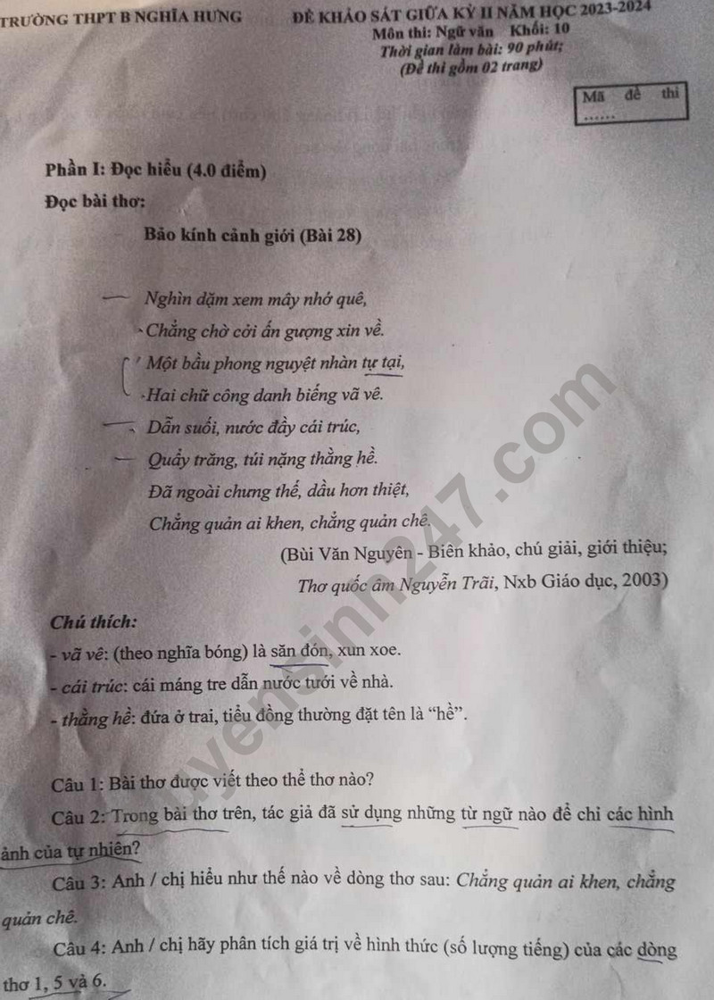 De thi giua ki 2 mon Van lop 10 - THPT B Nghia Hung nam 2024
