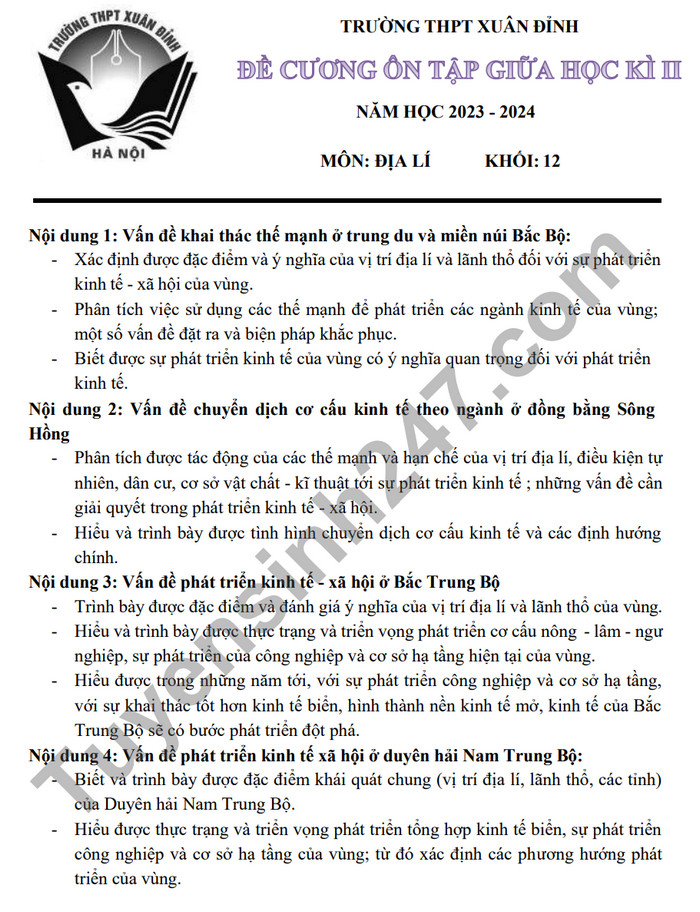 De cuong on tap giua ki 2 mon Dia lop 12 - THPT Xuan Dinh 2024