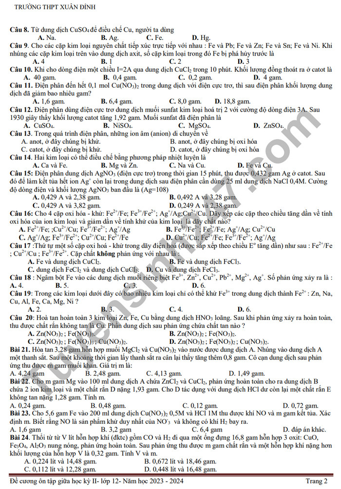 De cuong on tap giua ki 2 mon Hoa lop 12 nam 2024 - THPT Xuan Dinh