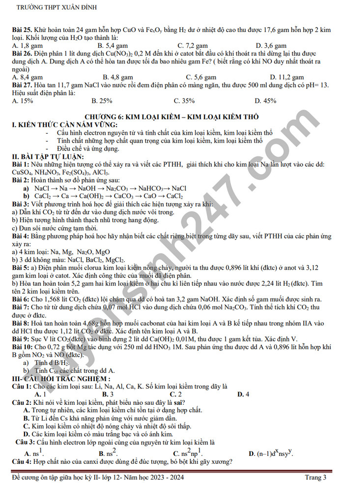 De cuong on tap giua ki 2 mon Hoa lop 12 nam 2024 - THPT Xuan Dinh