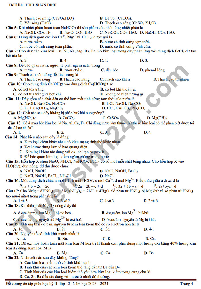 De cuong on tap giua ki 2 mon Hoa lop 12 nam 2024 - THPT Xuan Dinh