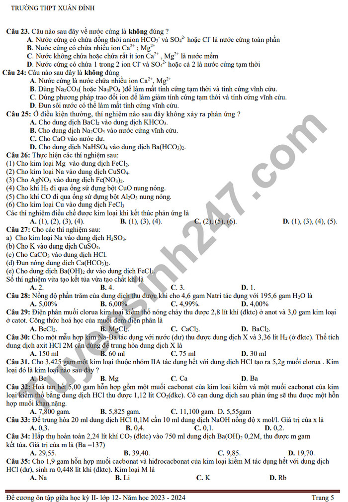 De cuong on tap giua ki 2 mon Hoa lop 12 nam 2024 - THPT Xuan Dinh