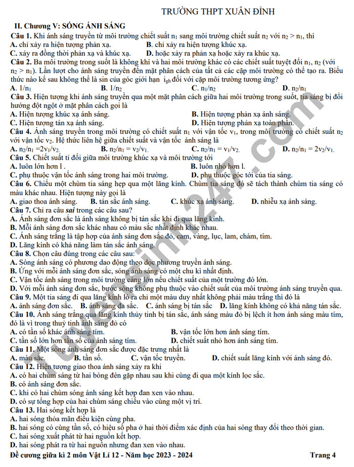 De cuong on tap giua ki 2 mon Ly lop 12 - THPT Xuan Dinh 2024