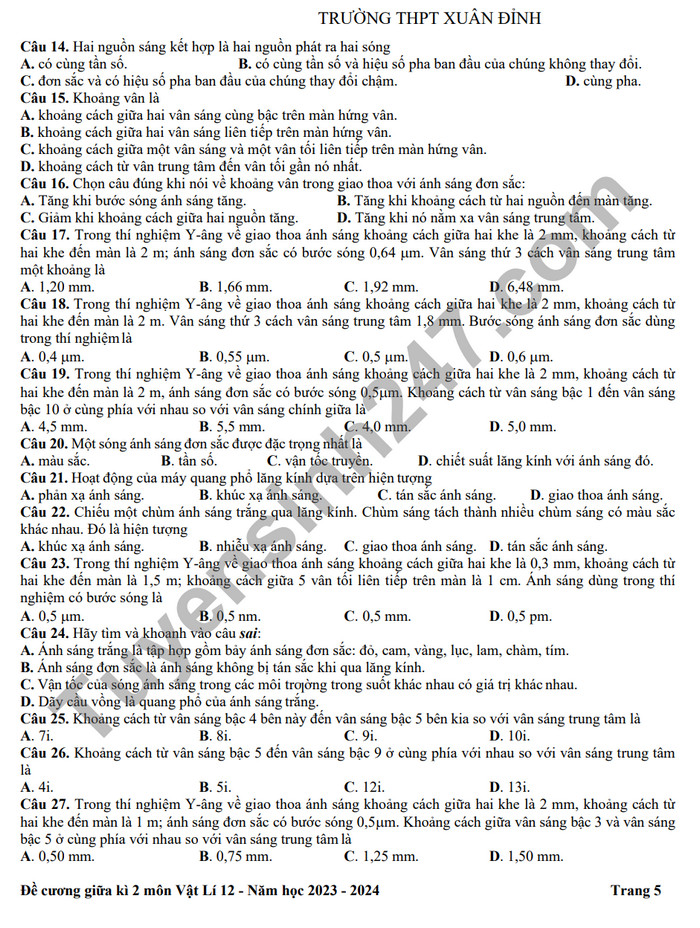 De cuong on tap giua ki 2 mon Ly lop 12 - THPT Xuan Dinh 2024