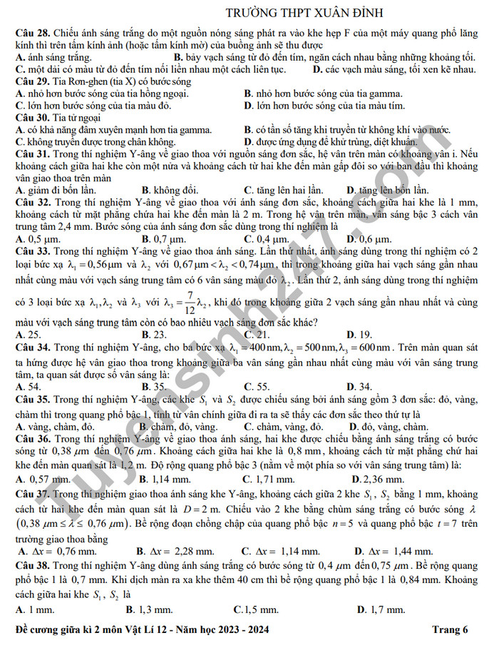 De cuong on tap giua ki 2 mon Ly lop 12 - THPT Xuan Dinh 2024