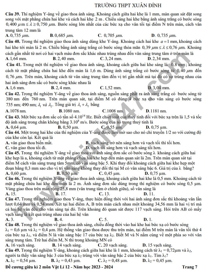 De cuong on tap giua ki 2 mon Ly lop 12 - THPT Xuan Dinh 2024