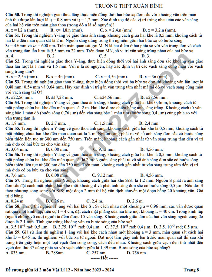 De cuong on tap giua ki 2 mon Ly lop 12 - THPT Xuan Dinh 2024