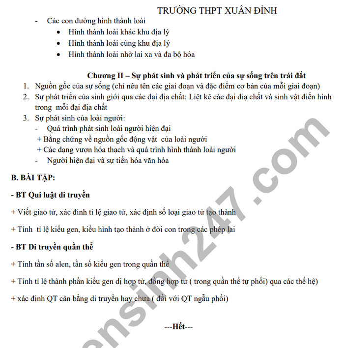 De cuong on tap giua ki 2 mon Sinh lop 12 - THPT Xuan Dinh 2024