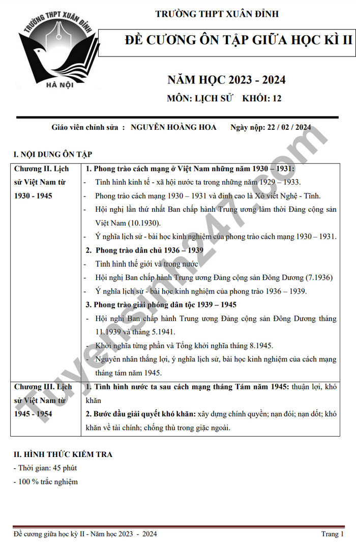 De cuong on tap giua ki 2 nam 2024 mon Su lop 12 - THPT Xuan Dinh