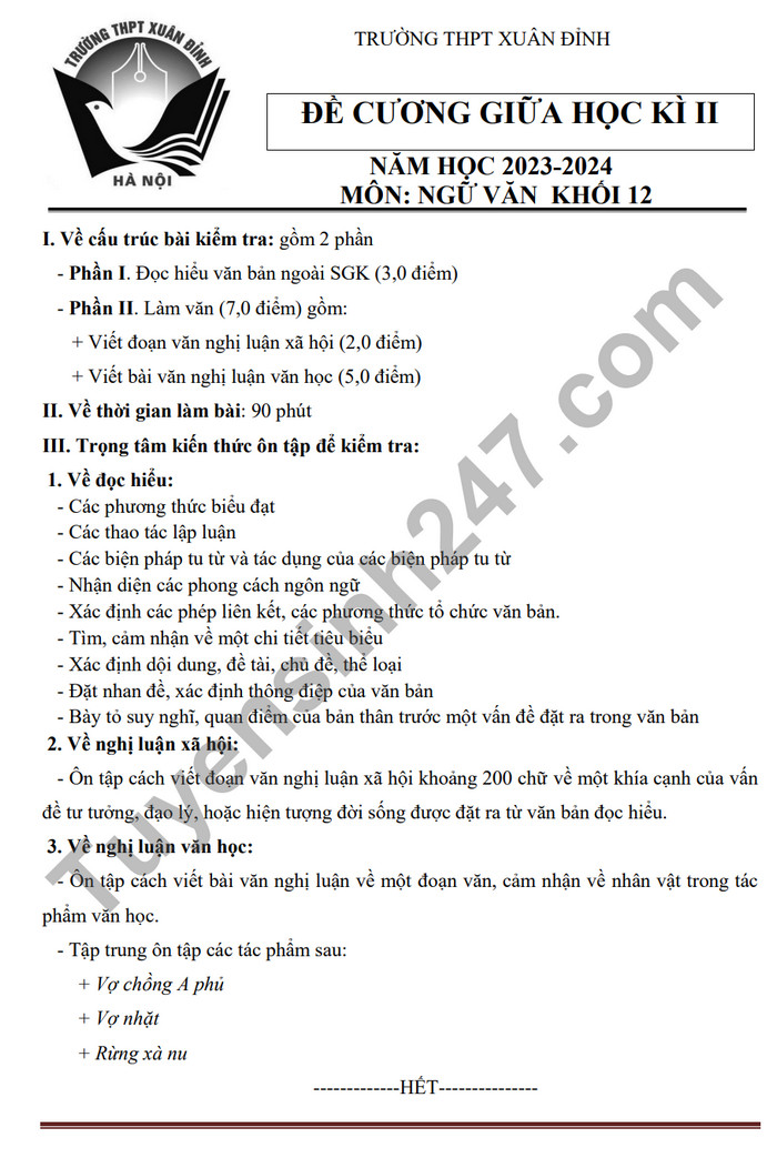 De cuong on tap giua ki 2 mon Van lop 12 nam 2024 - THPT Xuan Dinh