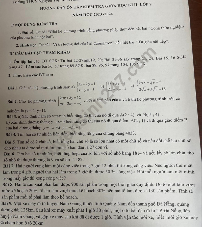 De cuong on tap giua ki 2 mon Toan lop 9 nam 2024 - THCS Nguyen Thi Minh Khai