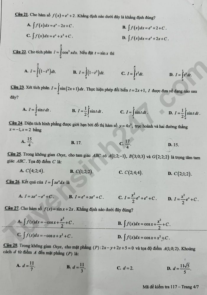 De thi giua ki 2 mon Toan lop 12 nam 2024 - THPT Chu Van An