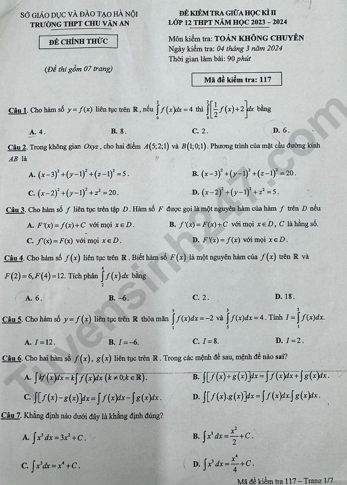 De thi giua ki 2 mon Toan lop 12 nam 2024 - THPT Chu Van An