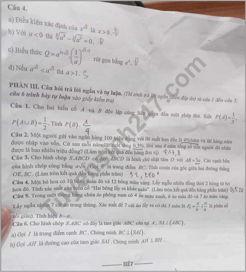 De thi giua ki 2 lop 11 mon Toan - THPT Yen Hoa 2024 (Cau truc moi)