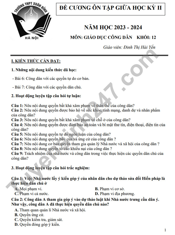 De cuong on tap giua ki 2 mon GDCD lop 12 nam 2024 - THPT Xuan Dinh